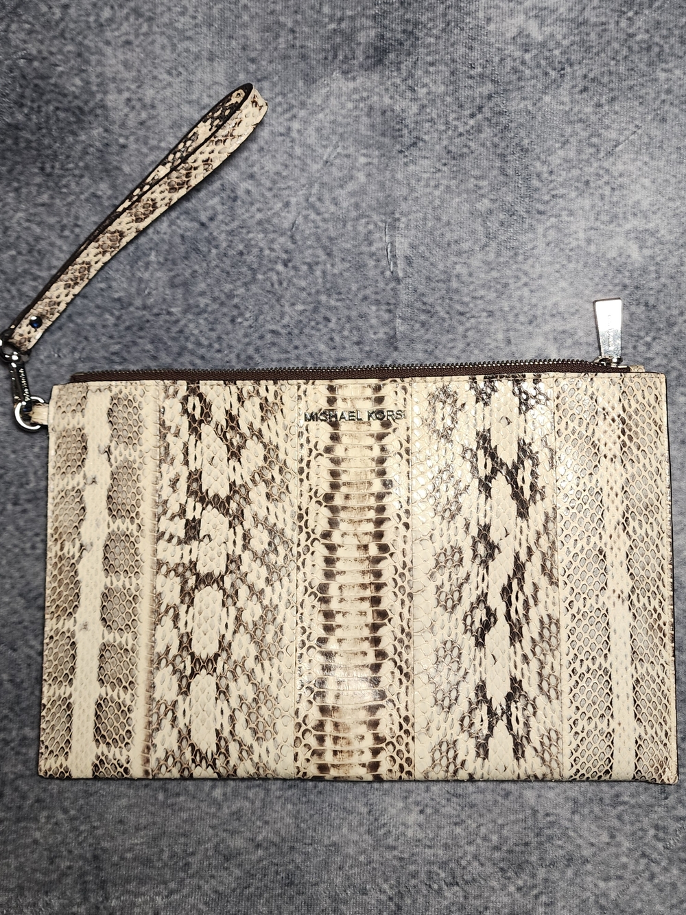 MICHAEL KORS Beige Snake-Print Wristlet Clutch Pouch